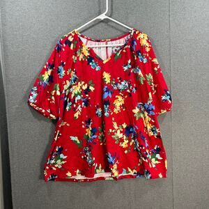 Denim & Co. Printed Favorite Jersey Split V-Neck Suine Top Rose Red X-Large